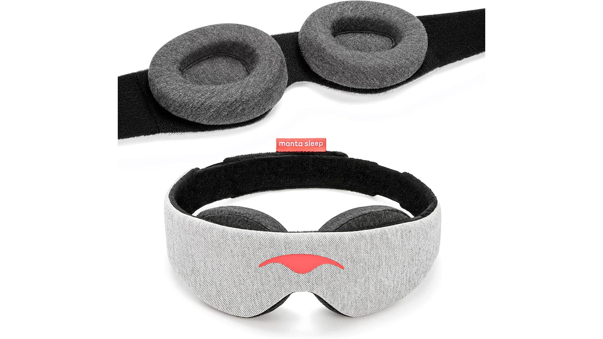 Two Manta Sleep Masks sit near each other. One is open and the other is closed.