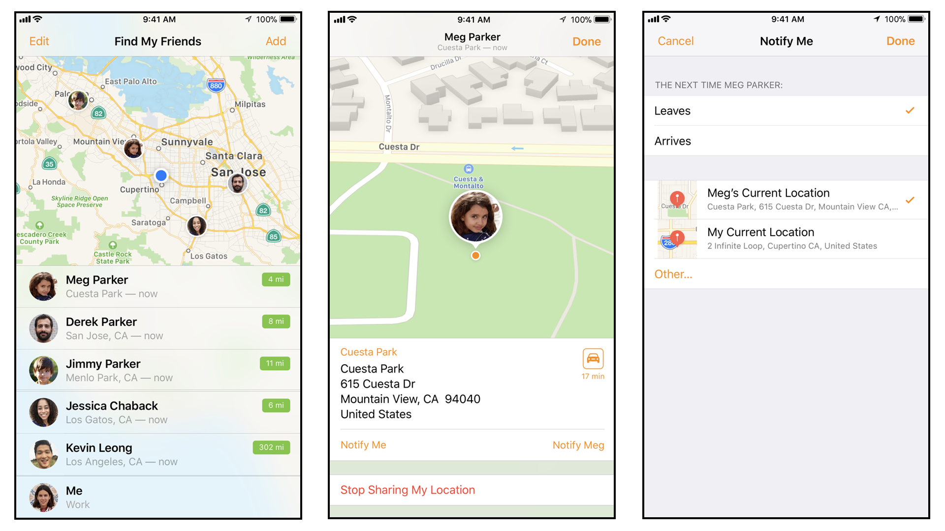 Find My Friends app showing person's location details and notification options
