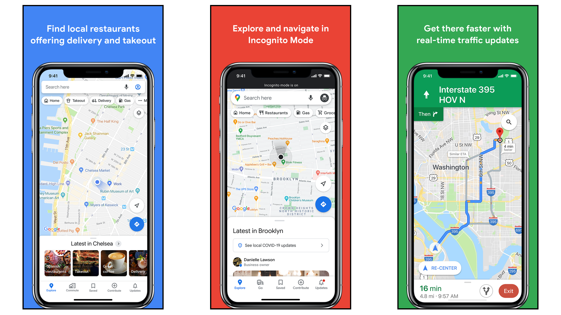 Google Maps app showing local destinations, updates, and other map options