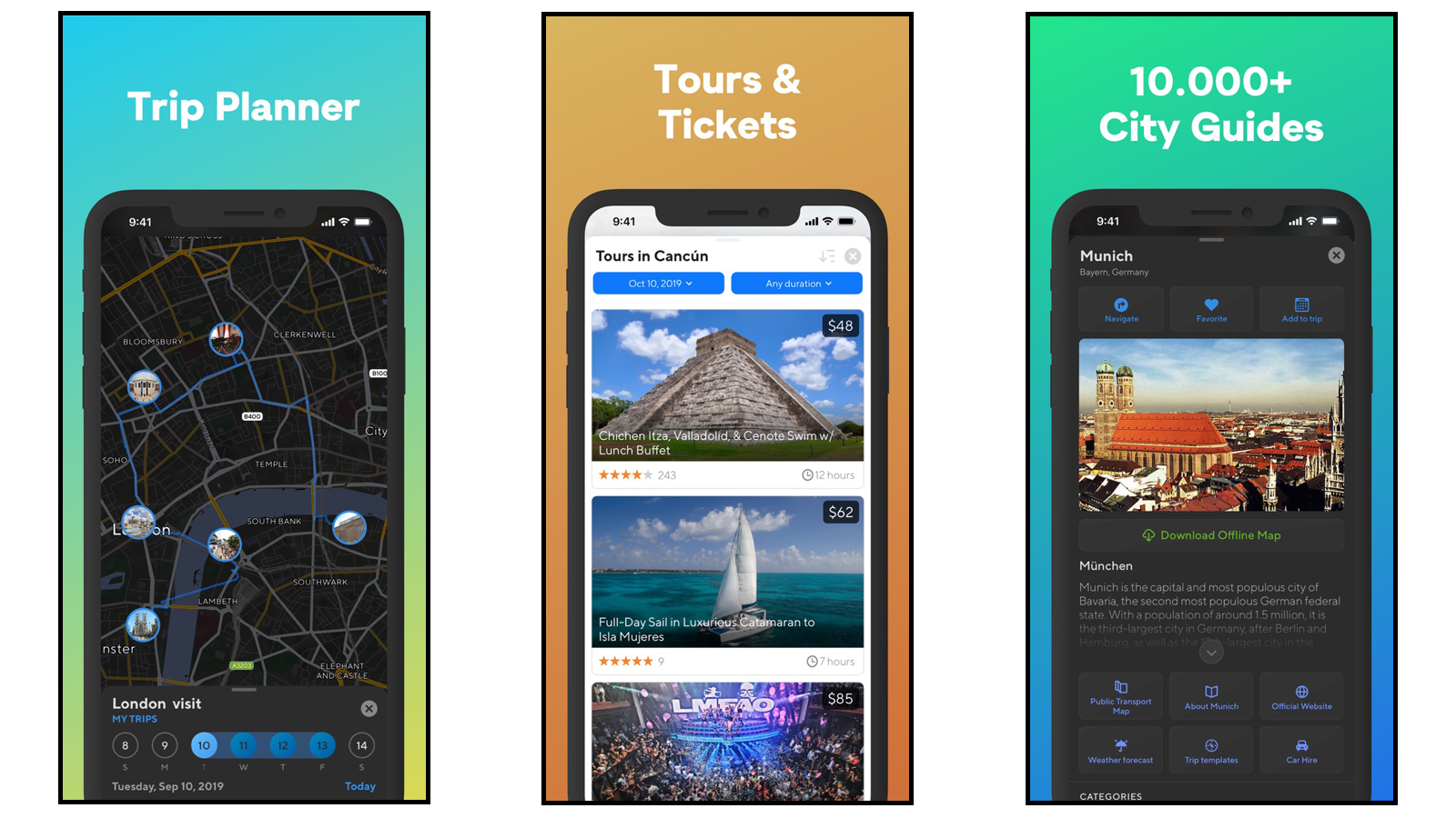 Sygic Travel Trip Planner with options to seeing and buying tickets for hotels, flights, transportation, tours, and other fun activities