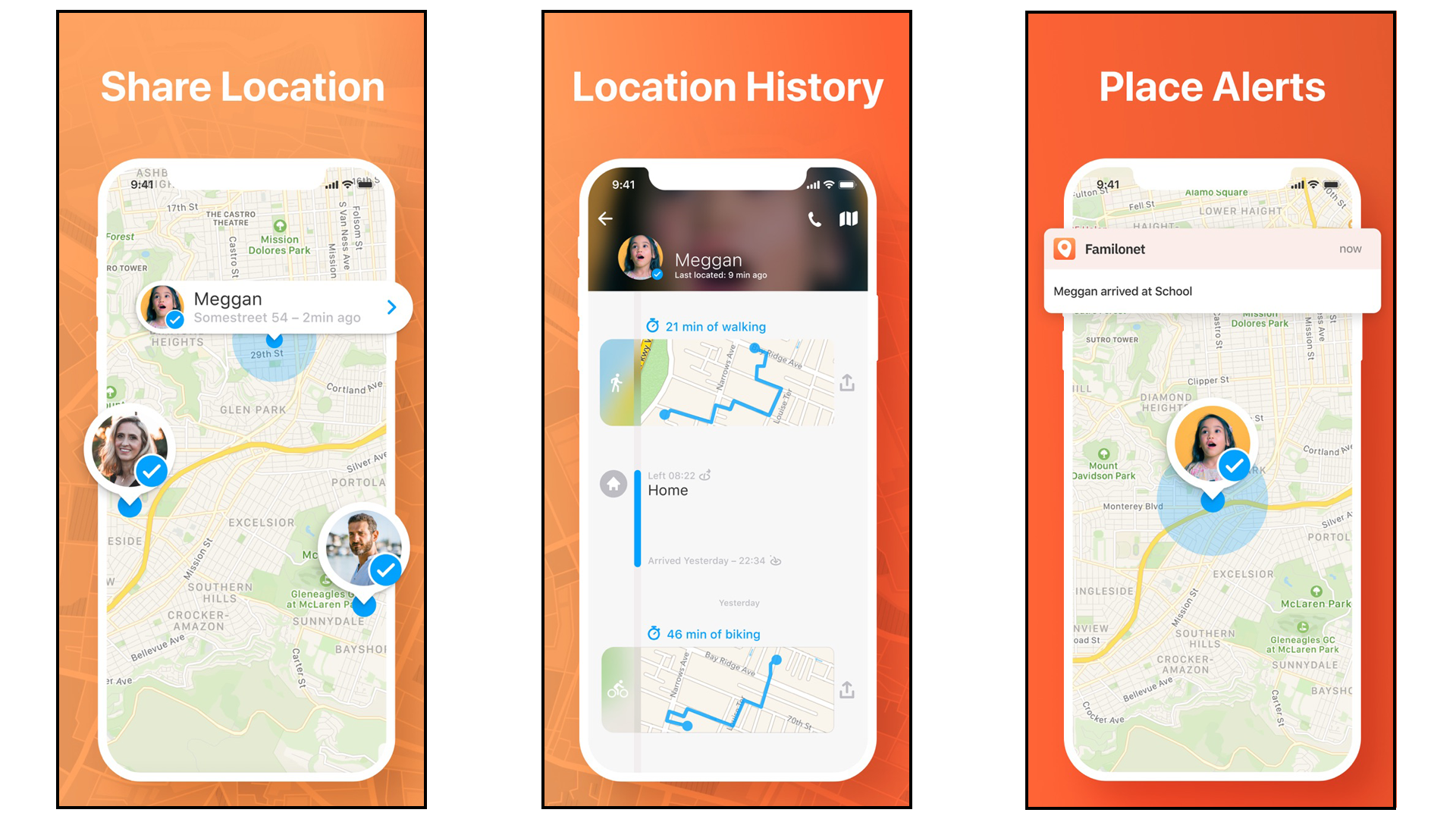Familonet app showing current location, location history, and place alert options