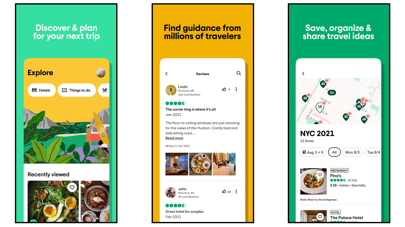 Tripadvisor app pages showing explore tab, traveler forums, and trip organizer