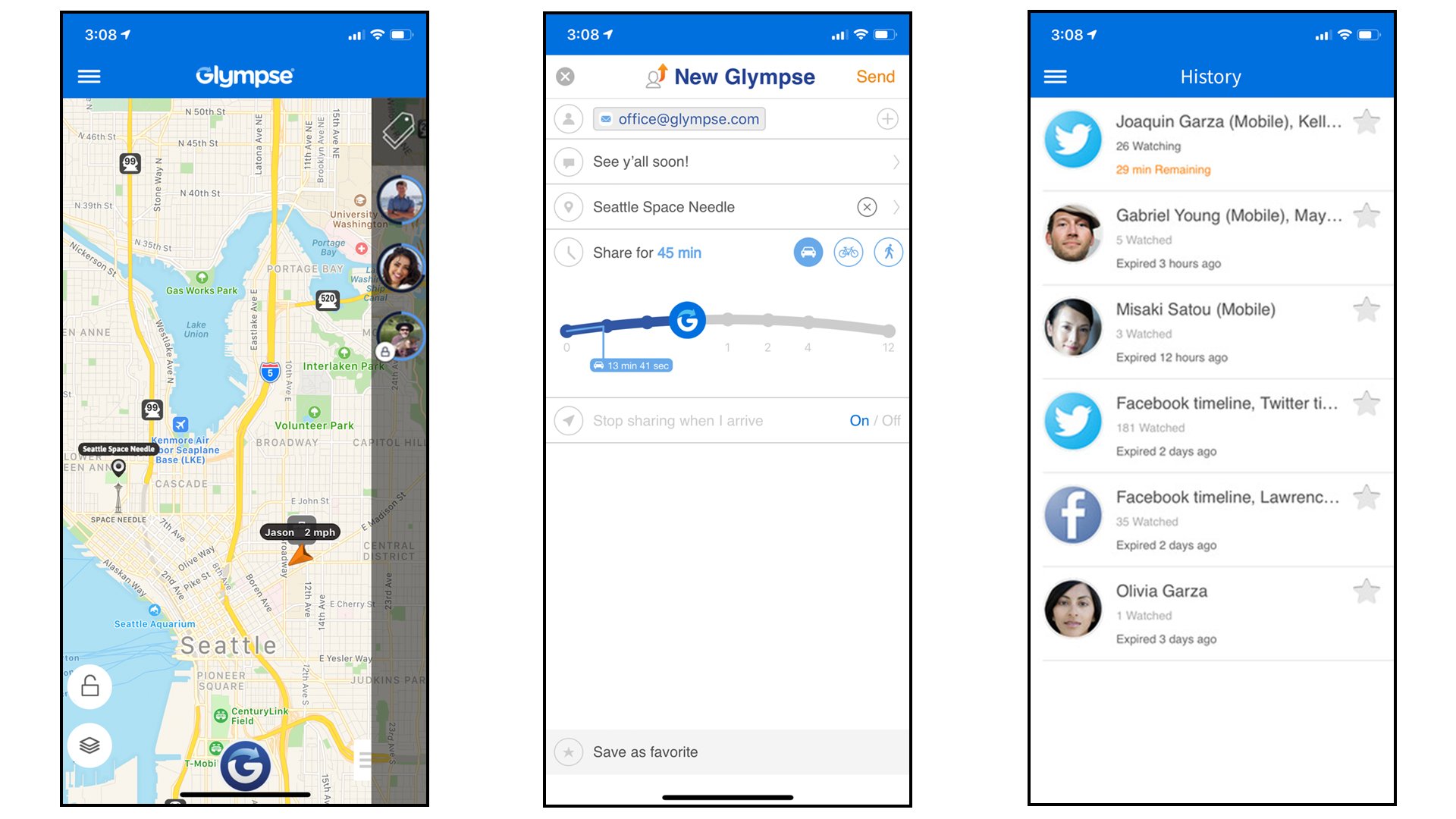 Glympse app showing map, tracking preferences, and friends' location histories