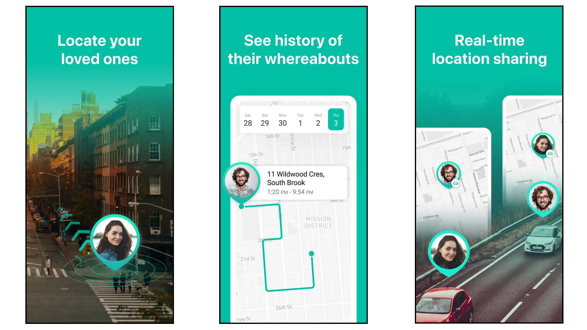GeoZilla app showing location tracking feature and sharing options